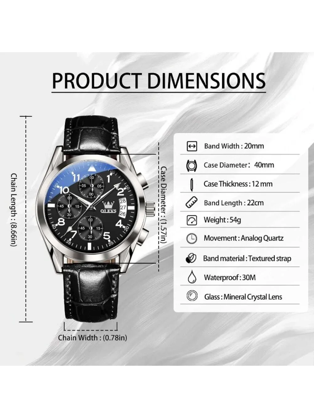 Mens Silver Large Face Black Leather Analog Classic Chronograph Waterproof Watch